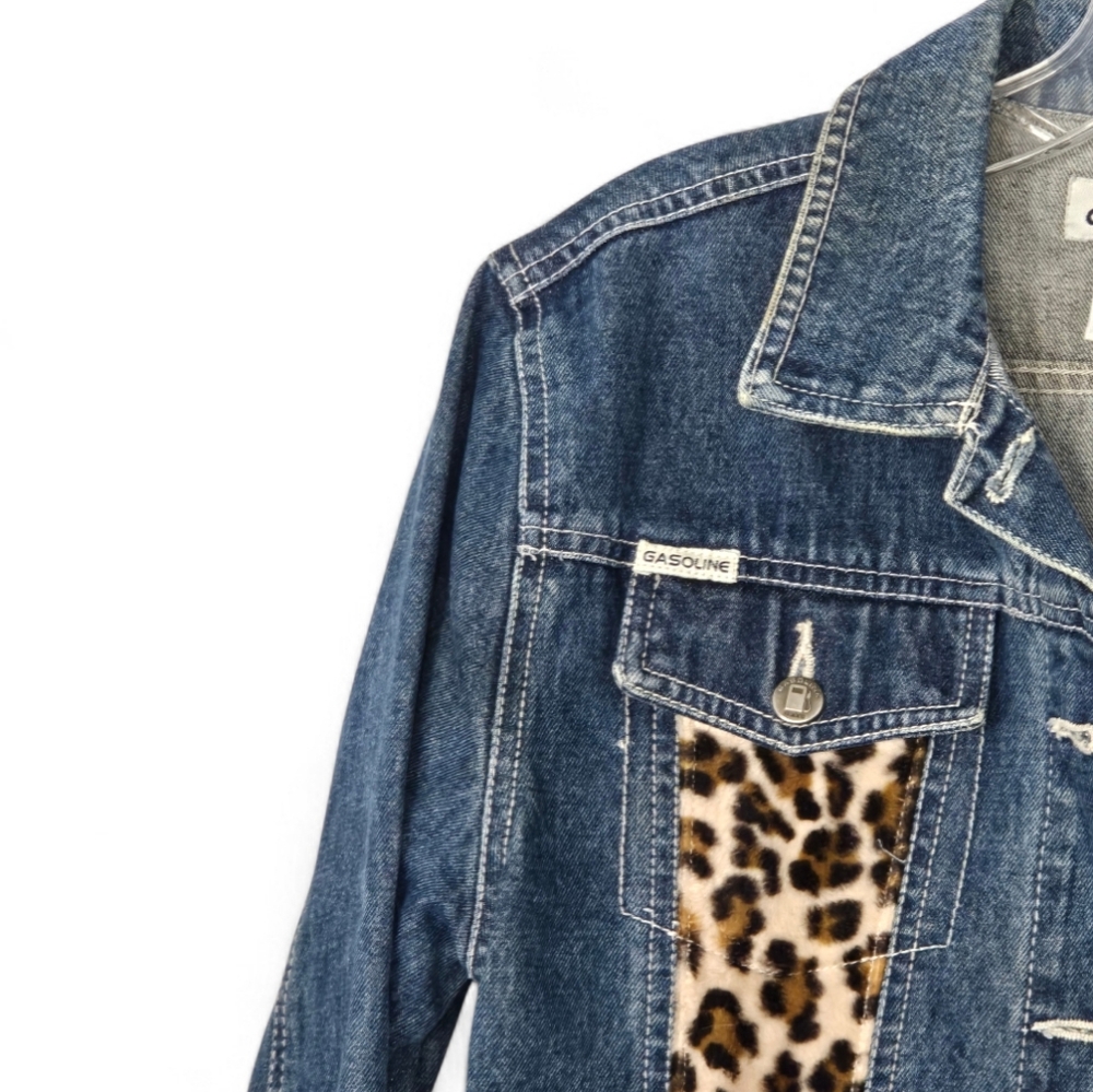 Gasoline Jeans Cropped Denim Jacket w/ Leopard Print Panels –Girls Size M - Picture 4 of 14